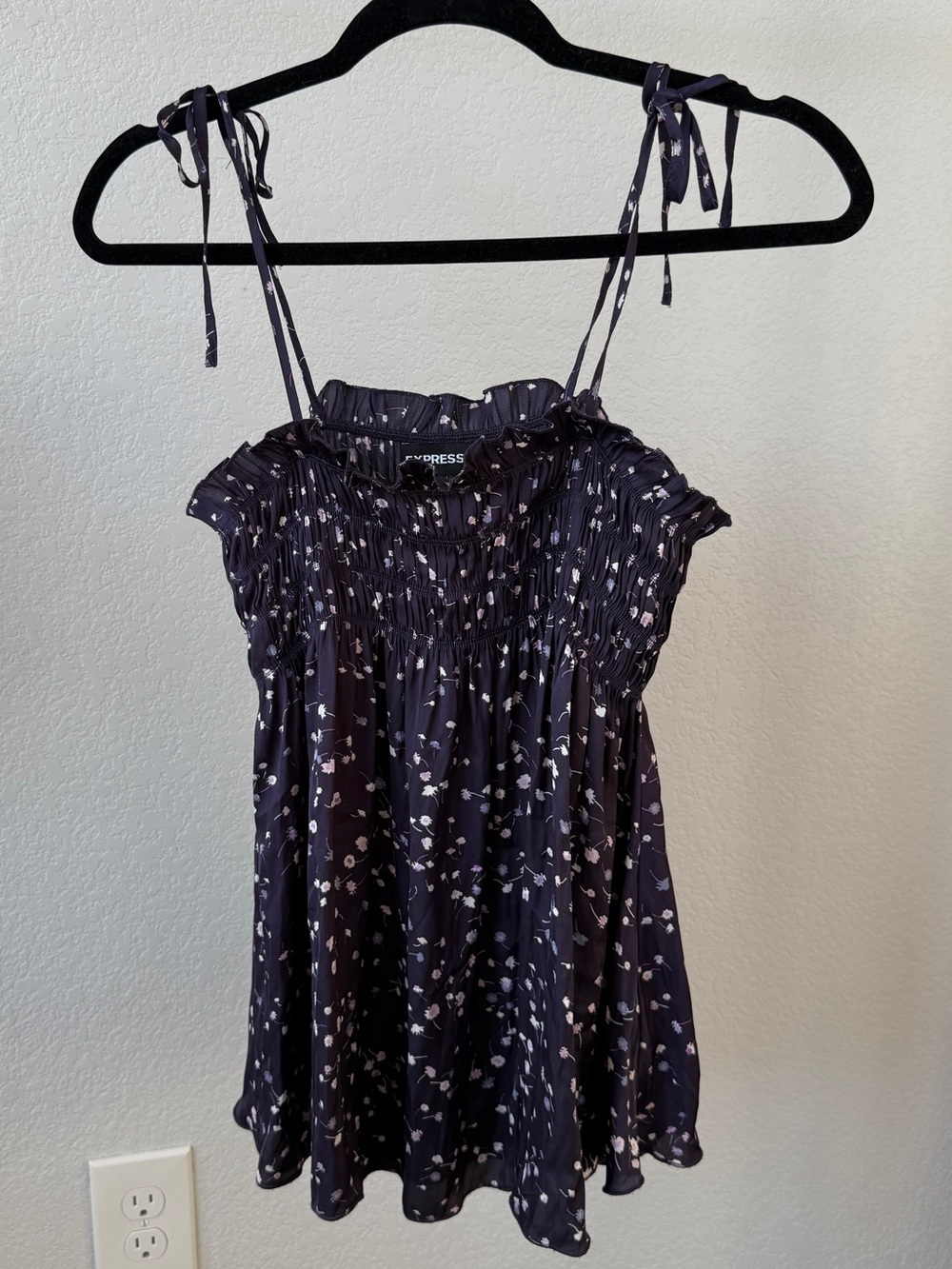 Express purple Floral Tie-Strap Smocked Camisole